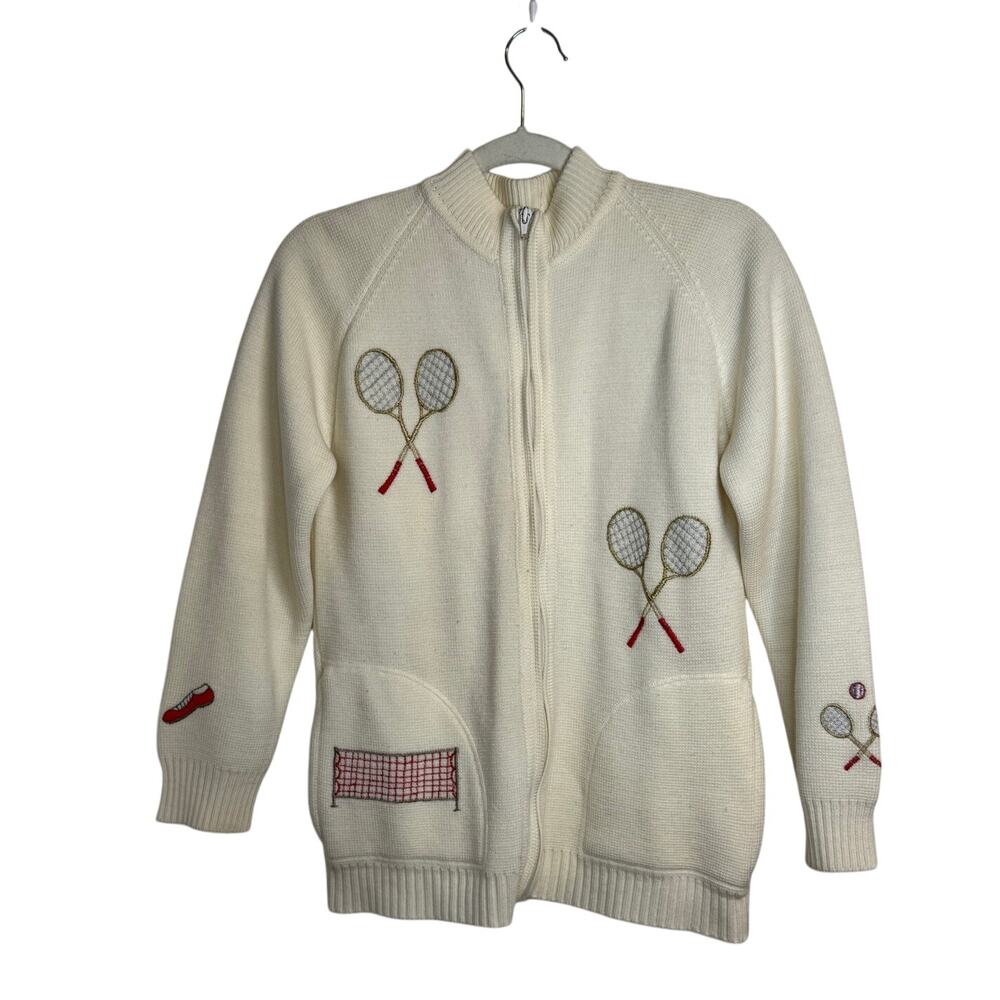 Vintage LeRoy Knitwear Tennis Cardigan Sweater Cream Embroidered Sz M